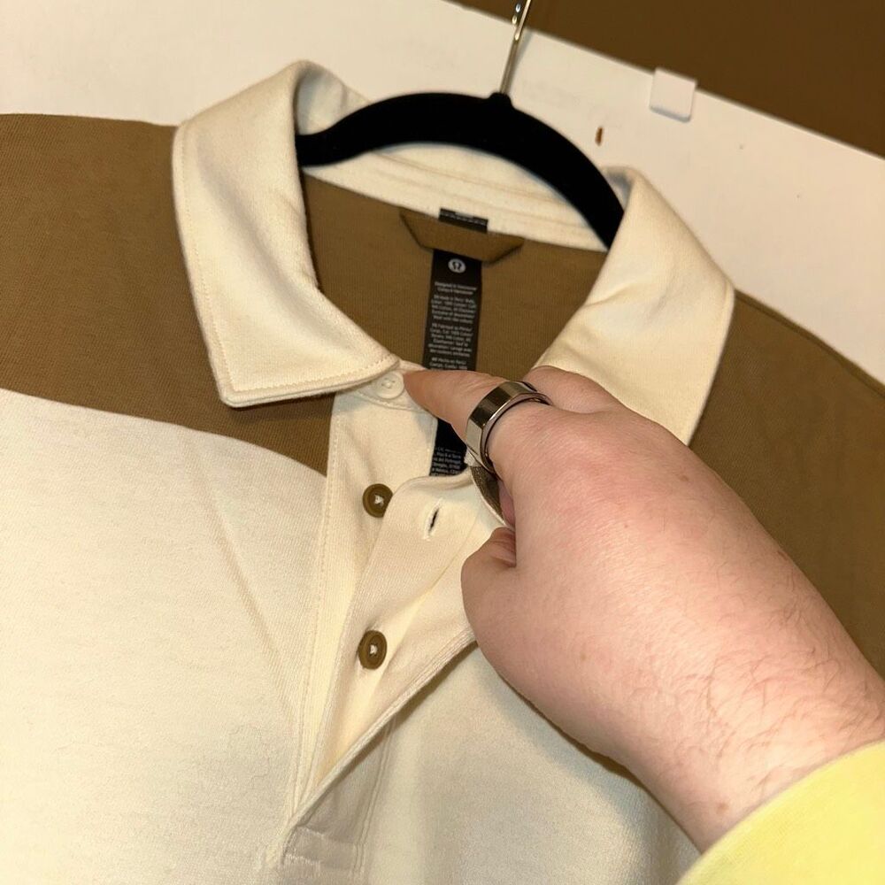 Lululemon Men’s Medium Long Sleeve Cotton Rugby Shirt Tan and Cream Stripes NWT - Picture 2 of 8